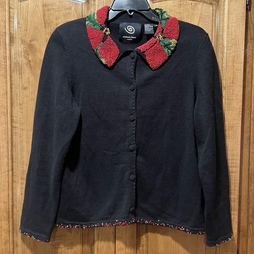 Michael Simon Vtg Christmas Cardigan‎ Women M Black Floral Poinsettia Beaded